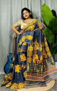Dark Grey Soft Ful Bahar Jamdani Saree