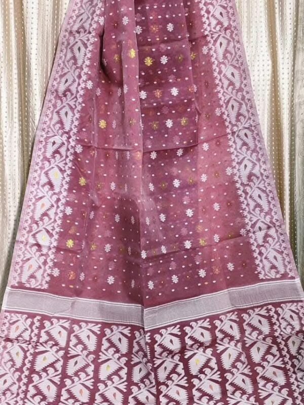 Dark Mauve Soft Buti Korat Jamdani Saree With Blouse Piece