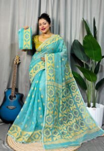 Deep Aqua Soft Dhakai Jamdani Saree