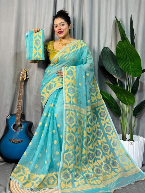 Deep Aqua Soft Dhakai Jamdani Saree