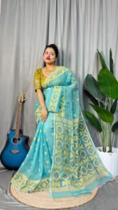 Deep Aqua Soft Dhakai Jamdani Saree