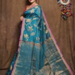 Deep Aqua Soft Kotha Buti Handloom Sari With Blouse Piece