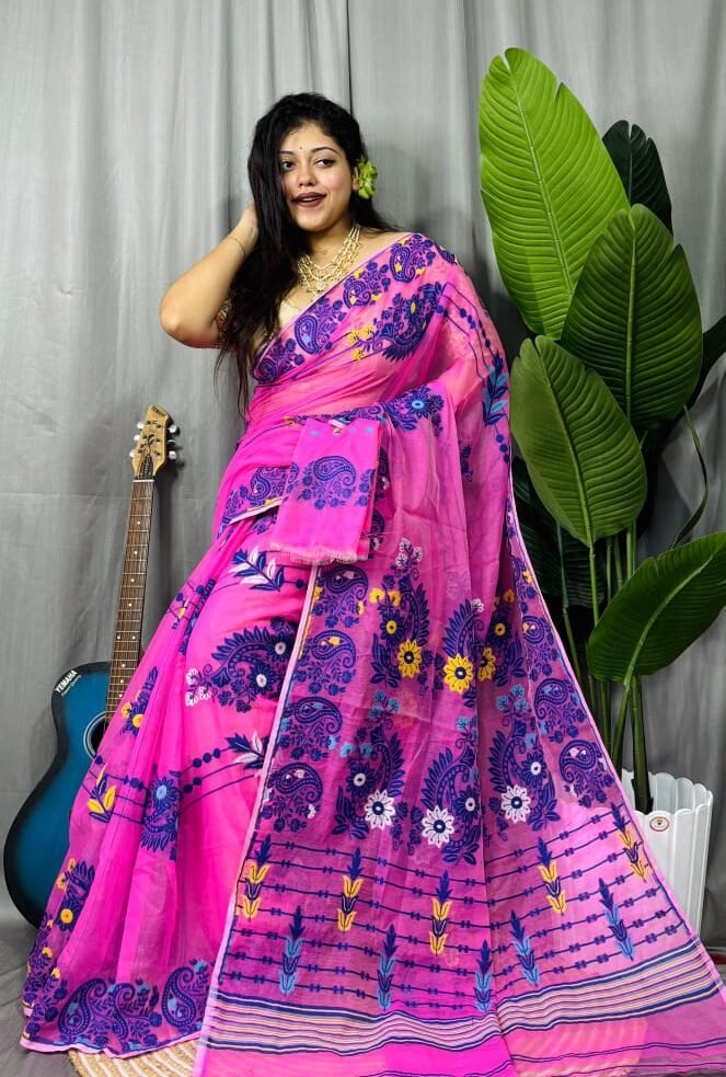 Deep Pink Soft Ful Bahar Jamdani Saree