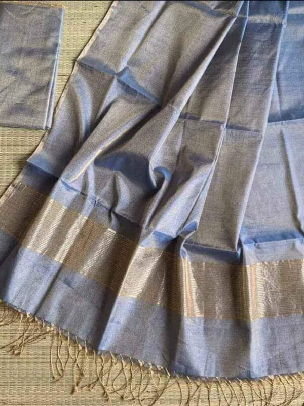 Grey Blue Soft Plain Tissue Saree With Blouse Piece