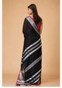 Handloom Black Soft Slub Cotton Sari With Blouse Piece
