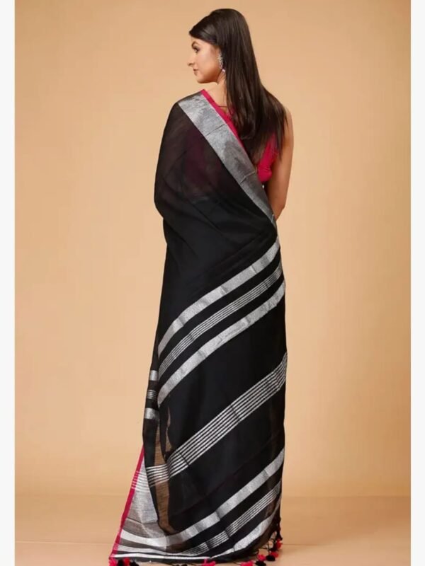 Handloom Black Soft Slub Cotton Sari With Blouse Piece