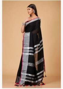 Handloom Black Soft Slub Cotton Sari With Blouse Piece