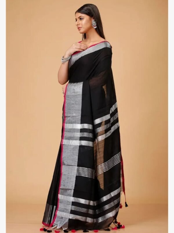 Handloom Black Soft Slub Cotton Sari With Blouse Piece