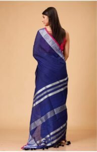 Handloom Dark Blue Soft Slub Cotton Sari With Blouse Piece