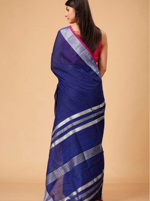Handloom Dark Blue Soft Slub Cotton Sari With Blouse Piece