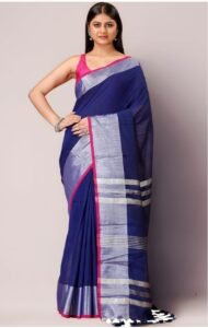 Handloom Dark Blue Soft Slub Cotton Sari With Blouse Piece