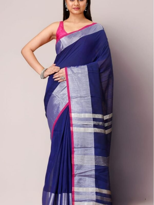Handloom Dark Blue Soft Slub Cotton Sari With Blouse Piece