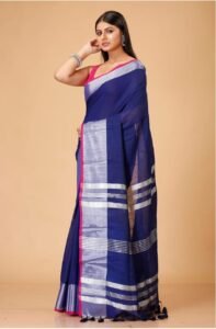 Handloom Dark Blue Soft Slub Cotton Sari With Blouse Piece
