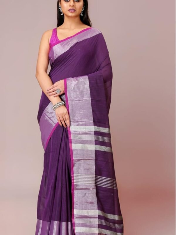 Handloom Dark Purple Soft Slub Cotton Sari With Blouse Piece
