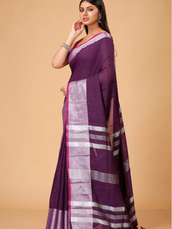 Handloom Dark Purple Soft Slub Cotton Sari With Blouse Piece