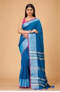 Handloom Deep Sea Blue Soft Slub Cotton Sari With Blouse Piece