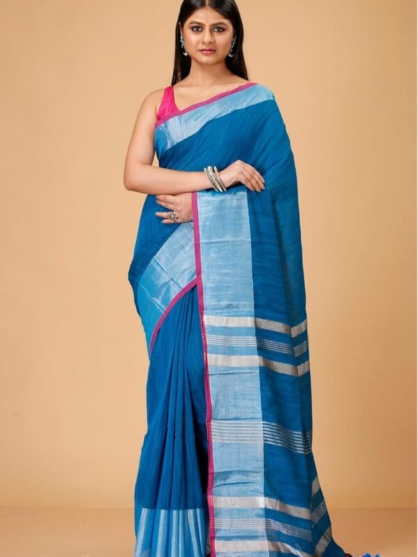 Handloom Deep Sea Blue Soft Slub Cotton Sari With Blouse Piece