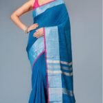 Handloom Deep Sea Blue Soft Slub Cotton Sari With Blouse Piece