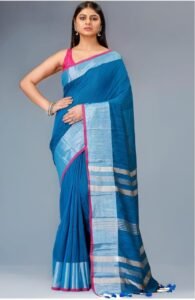 Handloom Deep Sea Blue Soft Slub Cotton Sari With Blouse Piece