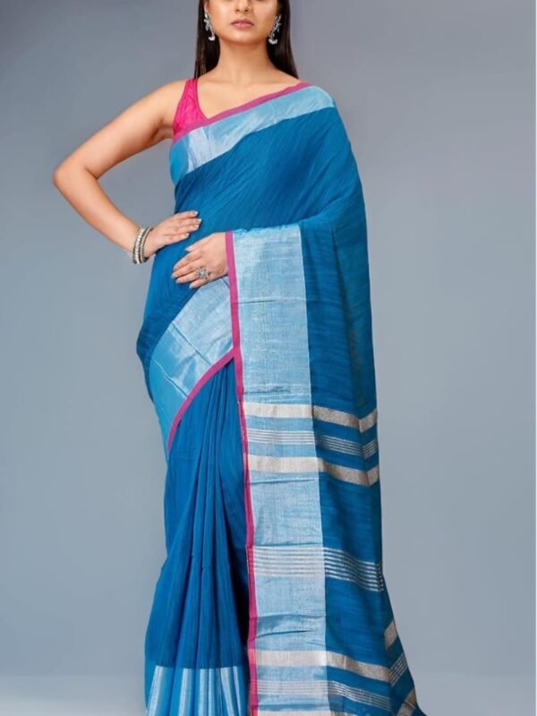 Handloom Deep Sea Blue Soft Slub Cotton Sari With Blouse Piece