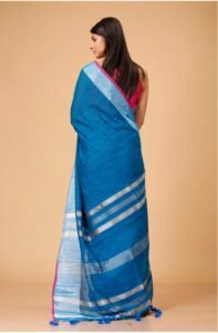 Handloom Deep Sea Blue Soft Slub Cotton Sari With Blouse Piece