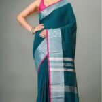 Handloom Deep Teal Soft Slub Cotton Sari With Blouse Piece