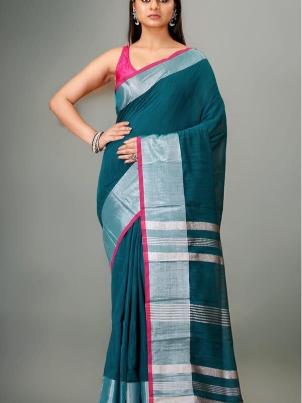 Handloom Deep Teal Soft Slub Cotton Sari With Blouse Piece