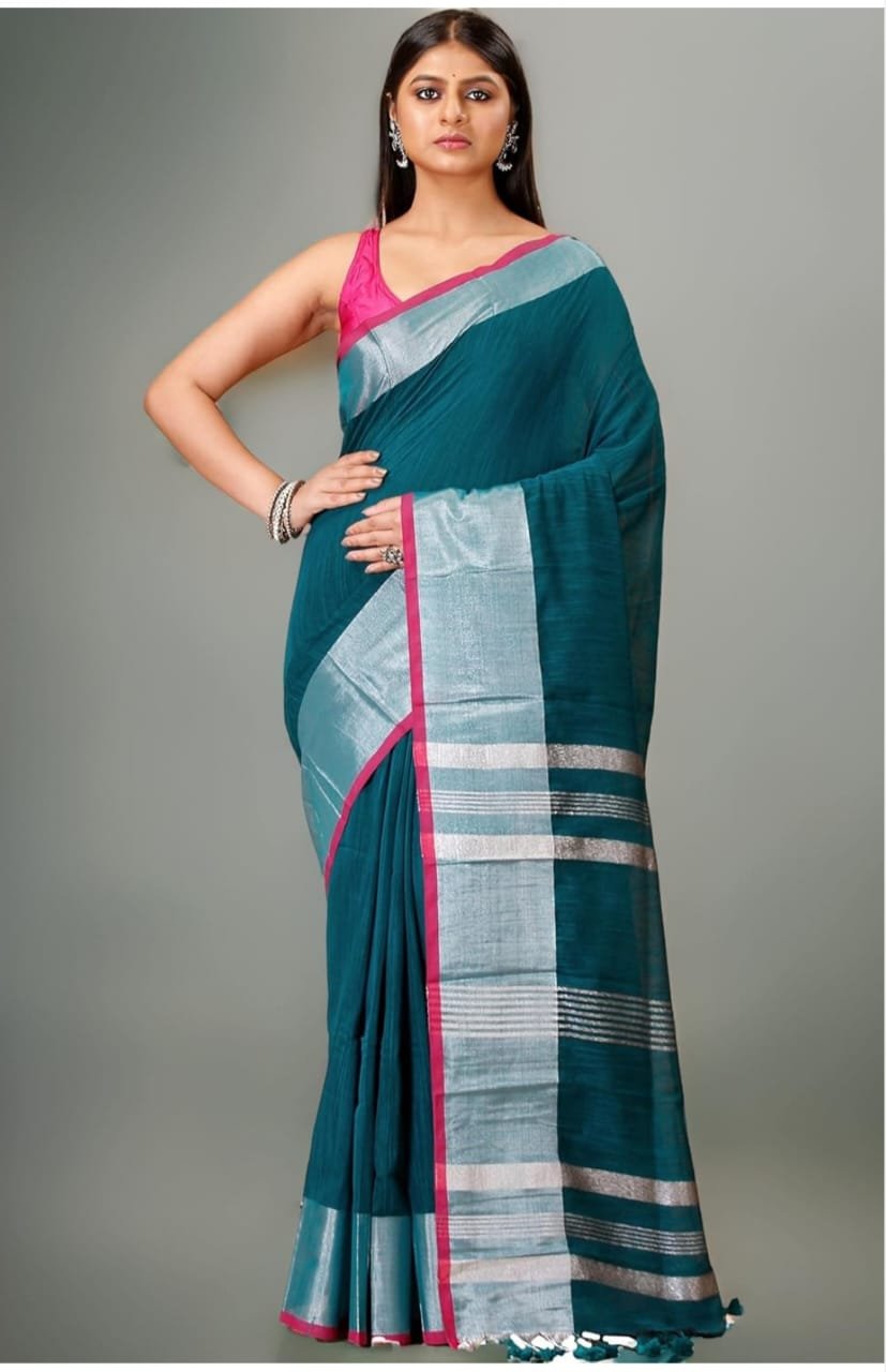 Handloom Deep Teal Soft Slub Cotton Sari With Blouse Piece 1 Handloom Deep Teal Soft Slub Cotton Sari With Blouse Piece