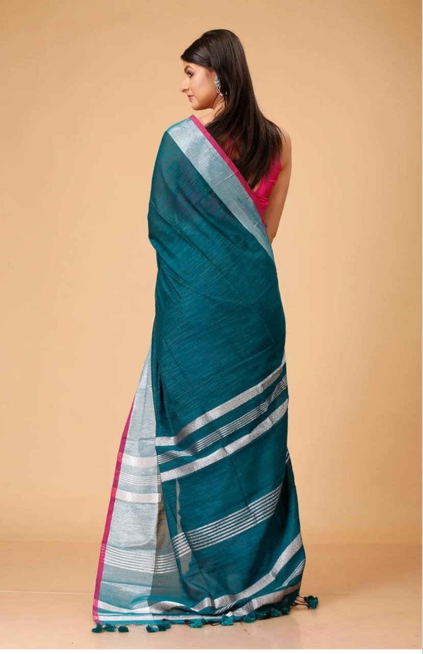 Handloom Deep Teal Soft Slub Cotton Sari With Blouse Piece 3 Handloom Deep Teal Soft Slub Cotton Sari With Blouse Piece