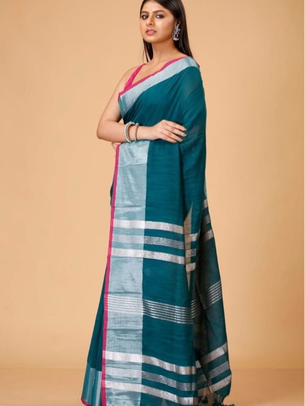 Handloom Deep Teal Soft Slub Cotton Sari With Blouse Piece