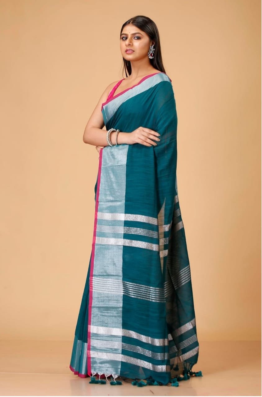 Handloom Deep Teal Soft Slub Cotton Sari With Blouse Piece 2 Handloom Deep Teal Soft Slub Cotton Sari With Blouse Piece