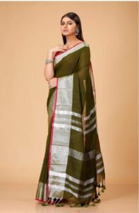 Handloom Green Brown Soft Slub Cotton Sari With Blouse Piece