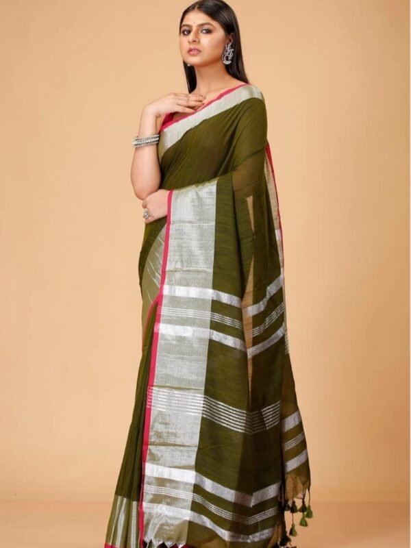 Handloom Green Brown Soft Slub Cotton Sari With Blouse Piece