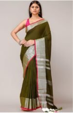 Handloom Green Brown Soft Slub Cotton Sari With Blouse Piece