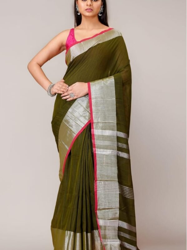 Handloom Green Brown Soft Slub Cotton Sari With Blouse Piece