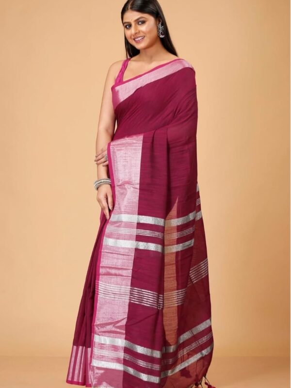 Handloom Wine Berry Soft Slub Cotton Sari With Blouse Piece