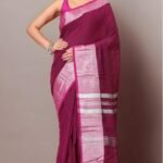 Handloom Wine Berry Soft Slub Cotton Sari With Blouse Piece