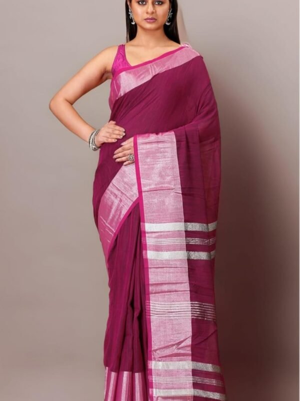 Handloom Wine Berry Soft Slub Cotton Sari With Blouse Piece