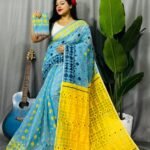 Hippie Blue Soft Ganga Jamuna Jamdani Sari With Blouse Piece