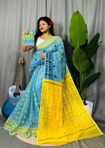 Hippie Blue Soft Ganga Jamuna Jamdani Sari With Blouse Piece