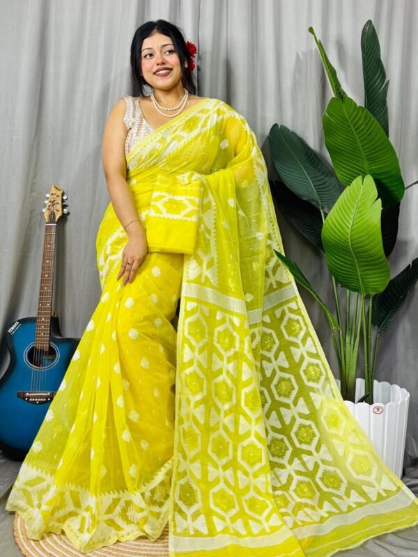 Lemon Yellow Soft Dhakai Jamdani Saree