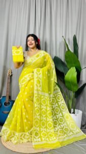 Lemon Yellow Soft Dhakai Jamdani Saree