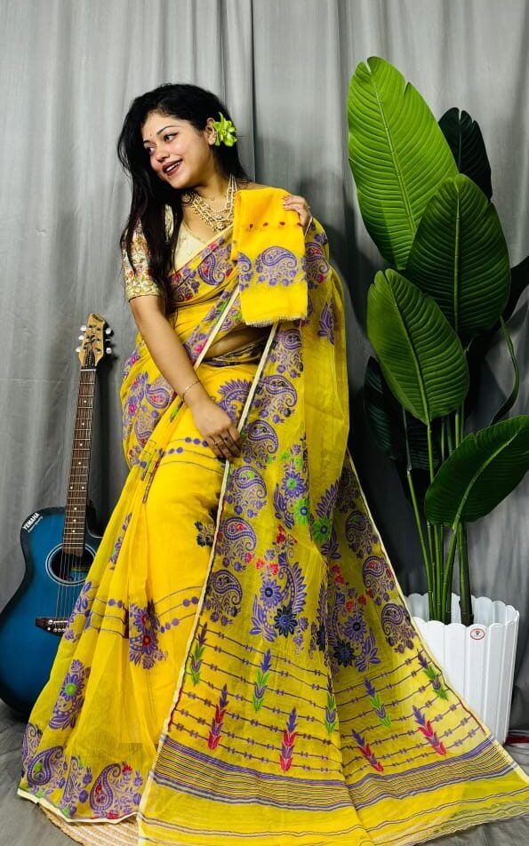 Lemon Yellow Soft Ful Bahar Jamdani Saree