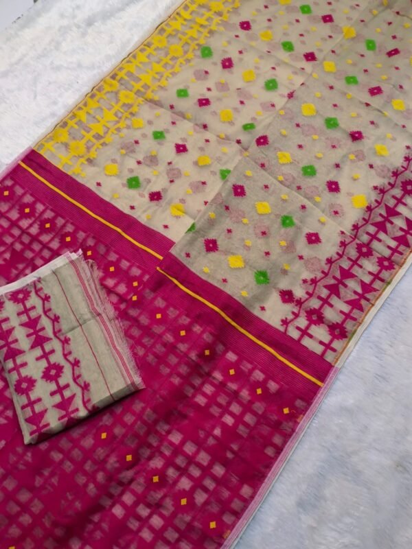 Mushroom Soft Ganga Jamuna Jamdani Sari With Blouse Piece