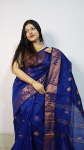 Navy Blue Soft Pata Handloom Sari With Blouse Piece
