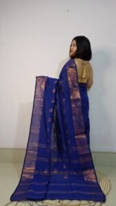 Navy Blue Soft Pata Handloom Sari With Blouse Piece