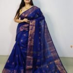 Navy Blue Soft Pata Handloom Sari With Blouse Piece