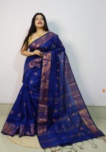 Navy Blue Soft Pata Handloom Sari With Blouse Piece