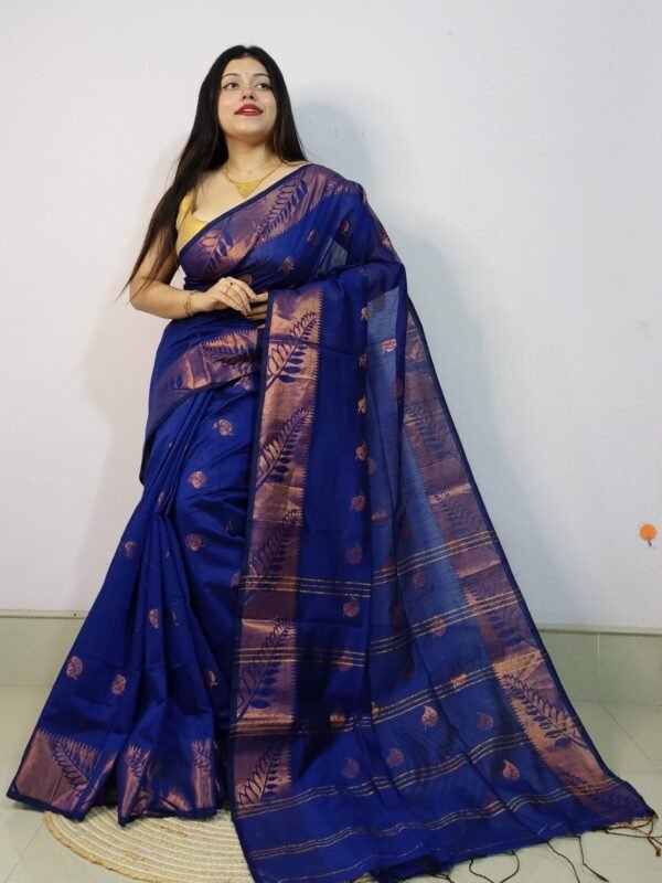 Navy Blue Soft Pata Handloom Sari With Blouse Piece
