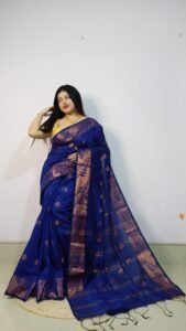 Navy Blue Soft Pata Handloom Sari With Blouse Piece